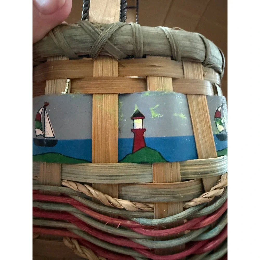 Nautical Woven Splint Basket Hand Painted Lighthouse Sailboat Anchor Decor